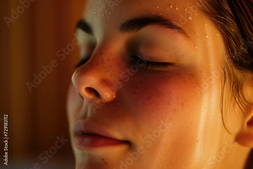 A serene portrait capturing the relaxed expression of a young woman enjoying the sauna's warmth