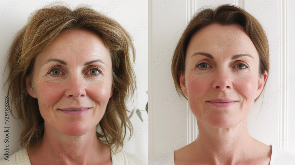Before After photo of anti aging skin treatment of older woman in her 40s, before she has wrinkles, fine lines, afterwards smooth glowing skin and younger from microneedling, botox, ipl laser at salon Before After photo of anti aging skin treatment of older woman in her 40s, before she has wrinkles, fine lines, afterwards smooth glowing skin and younger from microneedling, botox, ipl laser at salon