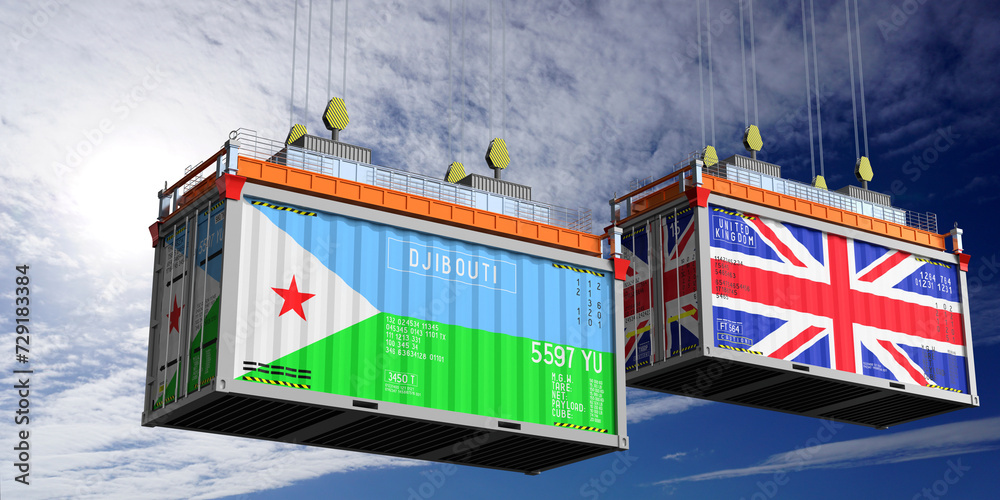 Shipping containers with flags of Djibouti and United Kingdom - 3D illustration