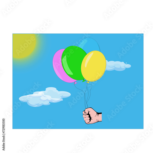 Ensemble de quatre ballons remplis d'hélium de différentes couleurs tenus par une main: bleu, vert, jaune, violet sur fond de ciel bleu et soleil