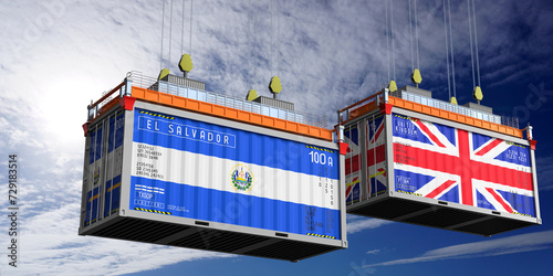 Shipping containers with flags of El Salvador and United Kingdom - 3D illustration