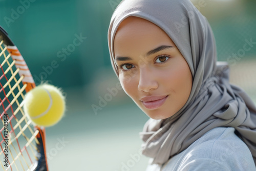 Arab woman in tennis player activewear doing exercise, sport workout