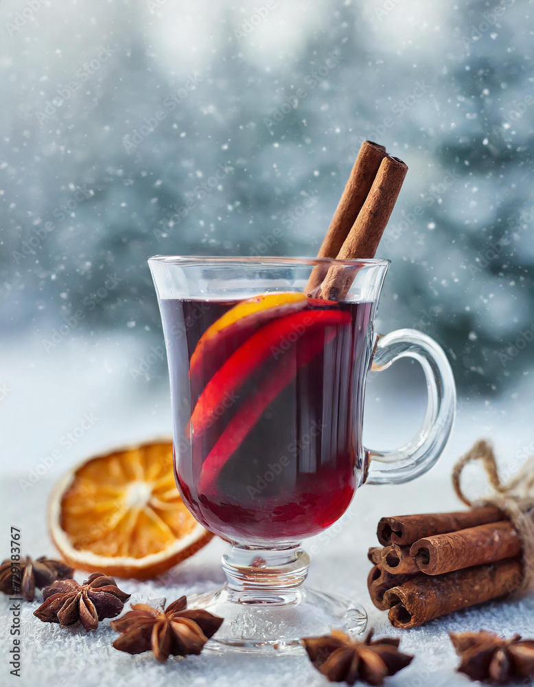 Mulled wine with spices on a blurred background of winter landscape