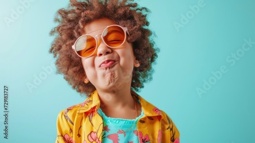 A young child with curly hair wearing oversized sunglasses and a colorful floral shirt making a playful face with a puckered mouth and closed eyes against a vibrant blue background.