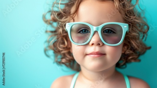A young child with curly hair wearing oversized teal sunglasses and a light blue swimsuit against a vibrant teal background.
