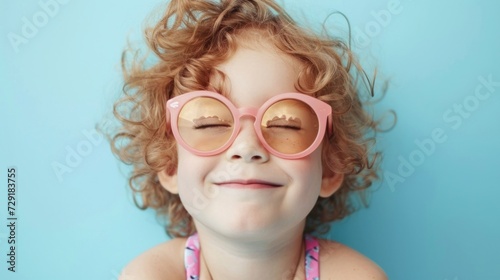 A young child with curly hair wearing oversized pink sunglasses smiling and looking up with eyes closed against a light blue background.