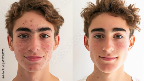 Before After of teenage boy with serve hormonal acne and afterward results of clear clean fresh skin looking happy and confident, client used ipl light therapy and teen youth skincare pinple products