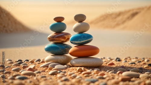 A pyramid of pebbles of different colors and textures against a background of sand and dunes. Meditation and balance concept  zen  sea sand.