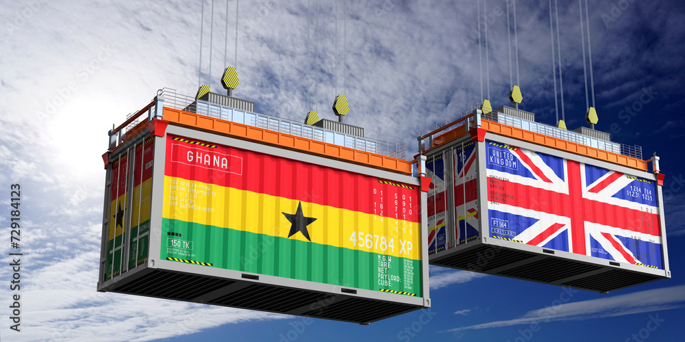Shipping containers with flags of Ghana and United Kingdom - 3D illustration