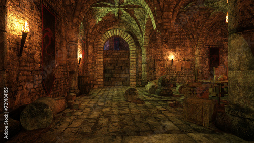 Dark gloomy dungeon in an old medieval castle lit by flaming torches. 3D illustration. photo