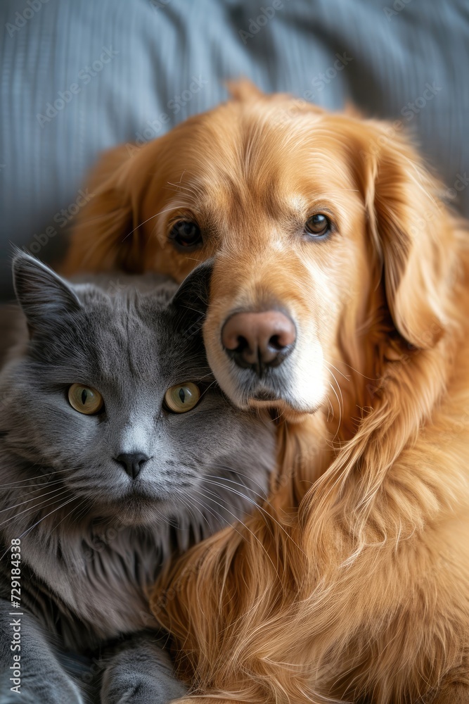 British cat and Golden Retriever together