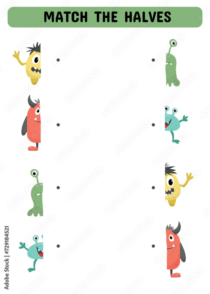 Match the halves. Education is developing sheet. Matching game for kids. Color activity page. Vector illustration. Match the halves. Education is developing sheet. Matching game for kids. Color activity page. Vector illustration.
