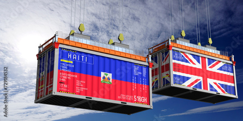 Shipping containers with flags of Haiti and United Kingdom - 3D illustration