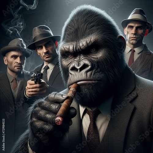 Gangster Mafia Gorilla Monkey Chimpanzee Gangwar with guns in streets wearing chains and suits businessman badass angry dangerous boss gorilla blinders smoking cigars retro vintage wallpaper poster photo