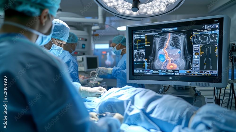 A team of surgeons focused on a surgical procedure in a high-tech operating room with advanced equipment.
