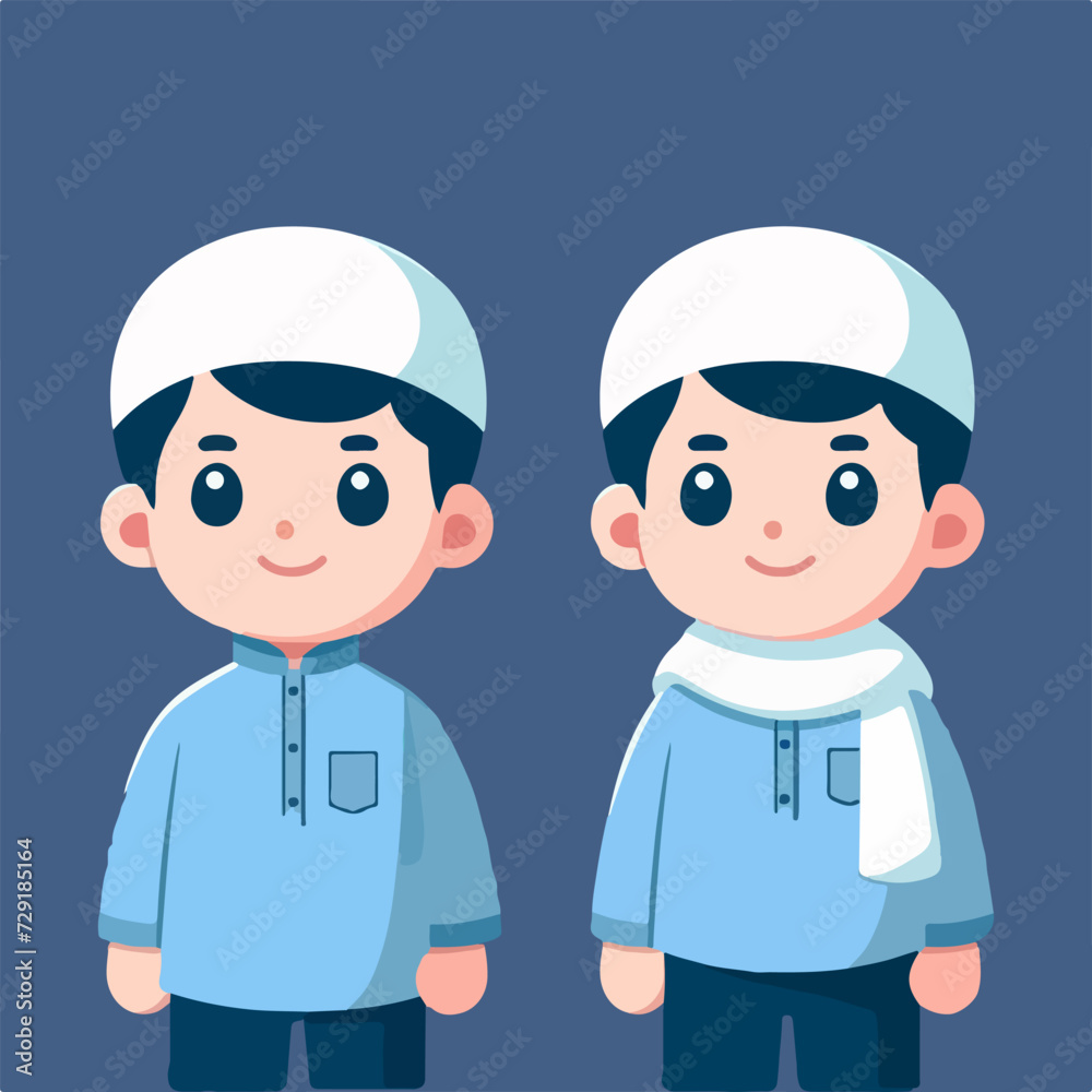 two cute twin muslim boys wearing turban and skullcap cartoon vector illustration