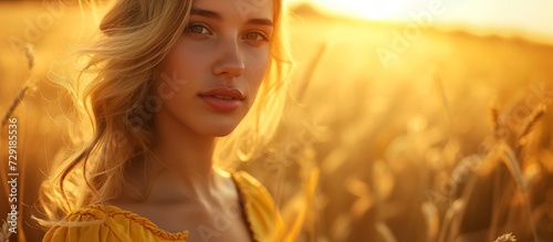 Blonde girl in a yellow dress enjoying summer in a golden hour barley field with a vintage look. © 2rogan