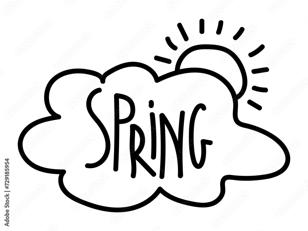 Spring doodle sketch Sign. Spring lettering on cloud with sun isolated. Color cartoon vector illustration. Icon cloudy sky weather. Hand drawn simple drawing for spring card, banner, invitation. Spring doodle sketch Sign. Spring lettering on cloud with sun isolated. Color cartoon vector illustration. Icon cloudy sky weather. Hand drawn simple drawing for spring card, banner, invitation.