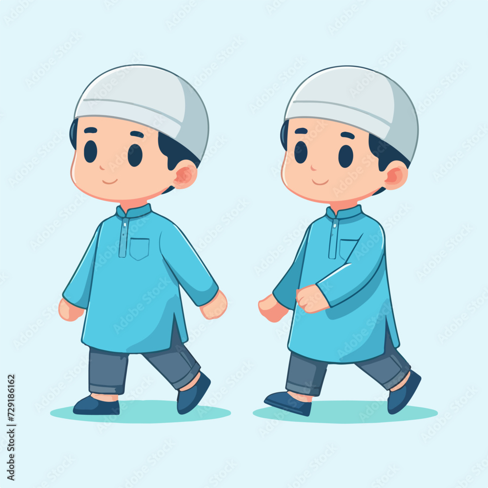two twin muslim brothers walking together cartoon vector illustration