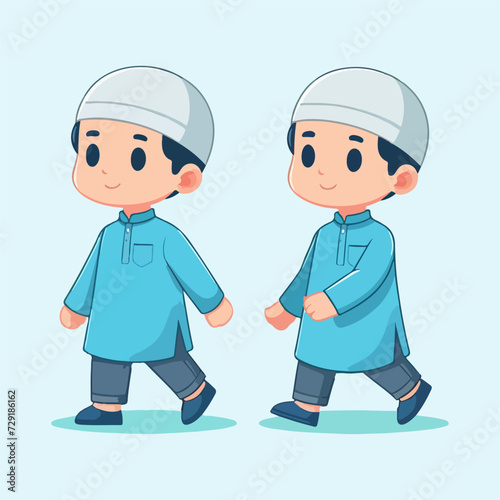 two twin muslim brothers walking together cartoon vector illustration