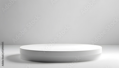 Abstract white round stand for product presentation on white background, empty room with shadows on podium