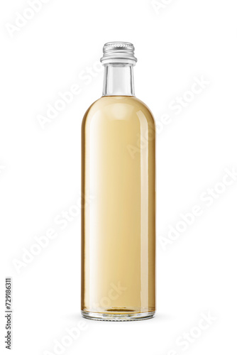 Glass transparent yellow soft drink bottle without label isolated. Transparent PNG image.