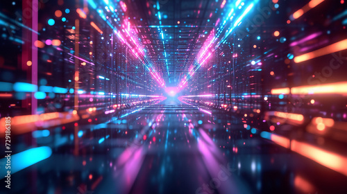 Dynamic light tunnel with neon blue and pink lights leading into the horizon of a digital cyber world, suggesting infinite possibilities.