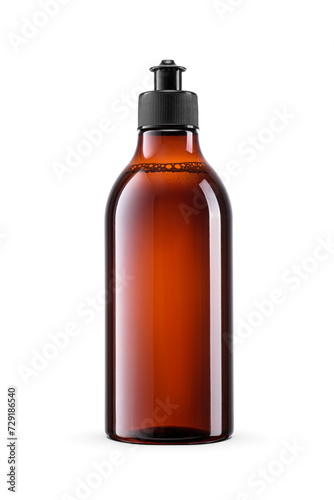 Dish soap. Dishwashing liquid detergent in blank amber brown bottle isolated. Transparent PNG image.