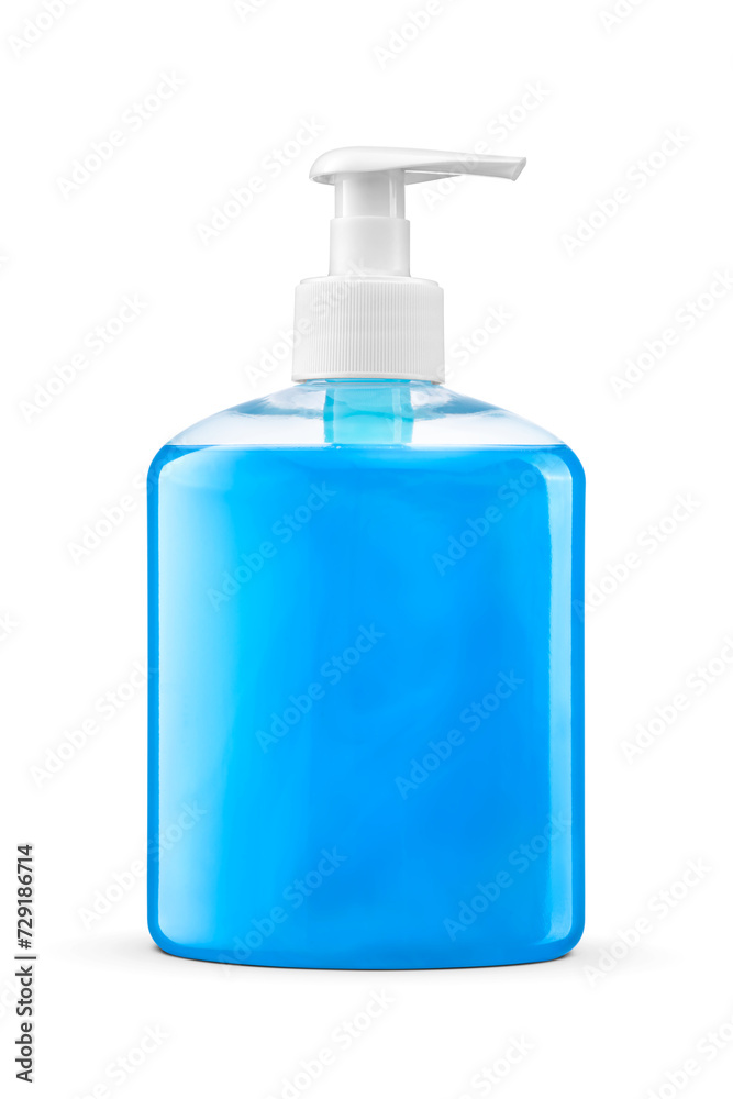Pump bottle of blue liquid hand soap isolated. Transparent PNG image. Pump bottle of blue liquid hand soap isolated. Transparent PNG image.
