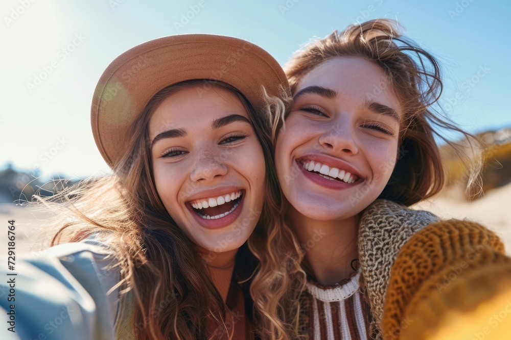 Two happy caucasian girls take a selfie outdoors on a sunny day. Smiling girlfriends take pictures on a mobile phone. Lifestyle. Close-up