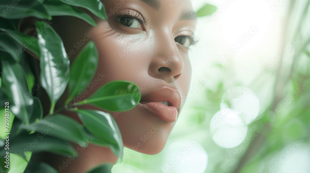 A beautiful close-up portrait of a woman face and sweet green nature leaves A beautiful close-up portrait of a woman face and sweet green nature leaves