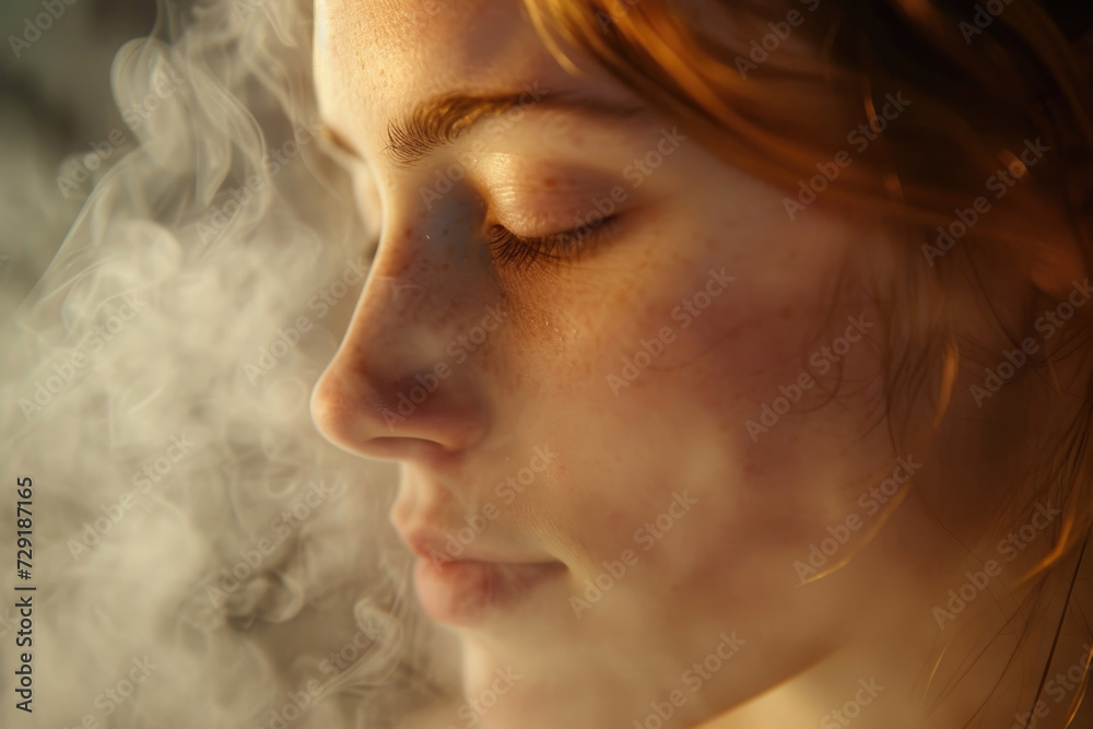 The youthful beauty of a woman's face in the sauna, surrounded by soothing steam