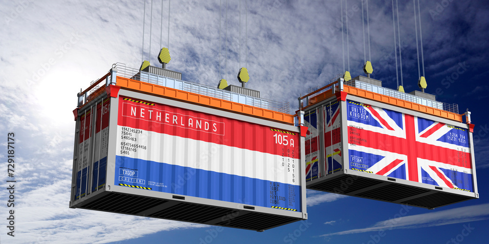 Shipping containers with flags of Netherlands and United Kingdom - 3D illustration