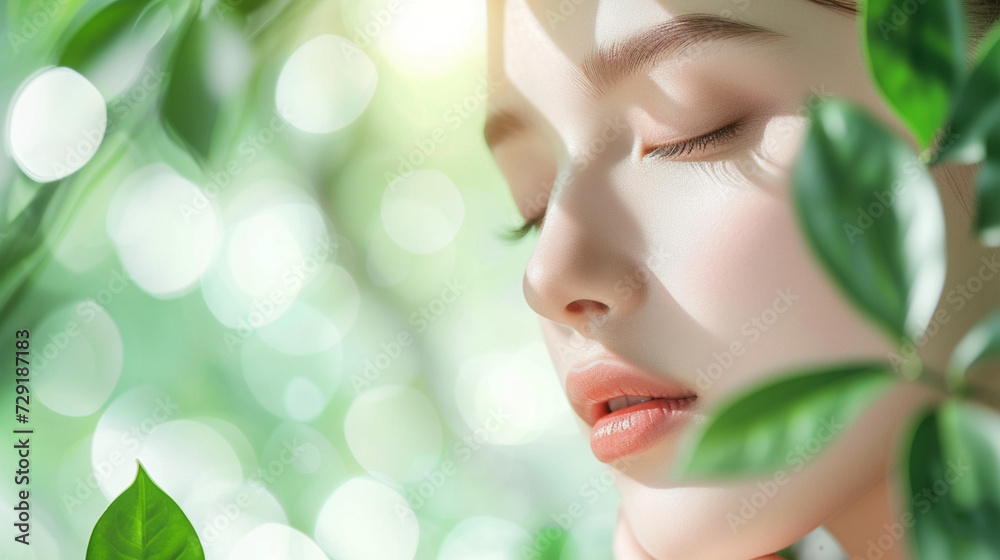 Fototapeta premium A beautiful close-up portrait of a woman face and sweet green nature leaves