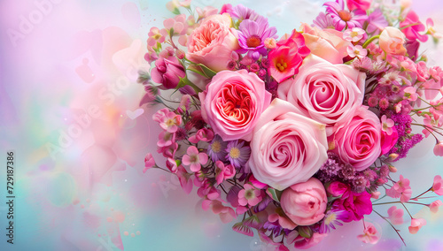 colorful bouquet of roses and flowers in the shape of a heart, in the style of pink