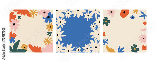 Vector backgrounds with cute flowers. Doodle floral frames in hippie style.