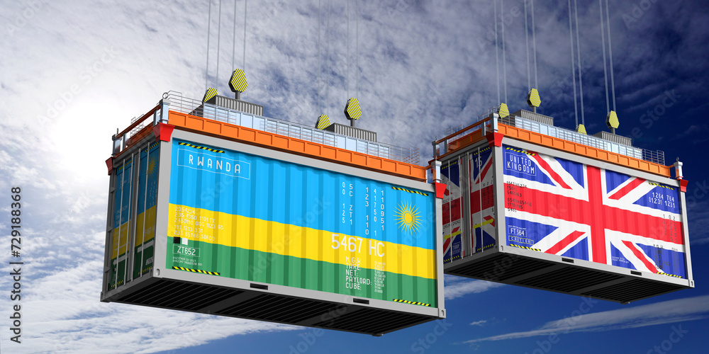 Shipping containers with flags of Rwanda and United Kingdom - 3D illustration