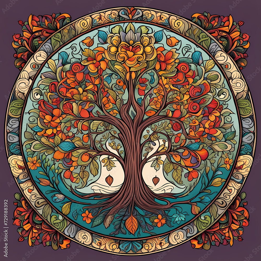 Obraz premium Ornamental colorful round floral tree.