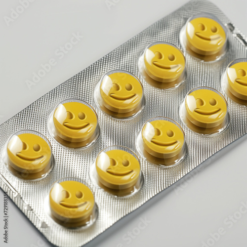 a pack of pills in the form of pills, the pills are yellow pills with a smiley face in the shape of a circle