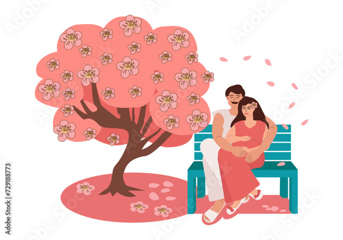 A family of a man and a pregnant woman are sitting in an embrace on a park bench near cherry blossoms. Sakura festival, family, love, pregnancy. Vector cartoon illustration.