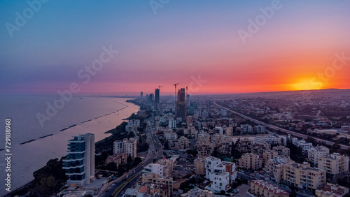 Aerial view of the seafront of Limassol, Cyprus at sunset.