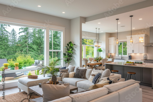A Beautiful living room interior in new luxury home with open concept floor plan. Shows kitchen, dining room, and wall of windows with amazing exterior