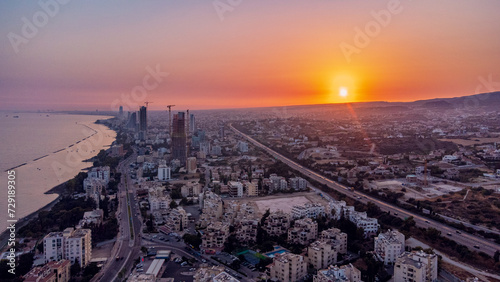 Aerial view of the seafront of Limassol, Cyprus at sunset.