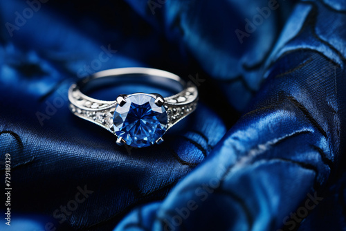 A beautiful sapphire and platinum engagement ring presented on blue silk cloth © Kelvin