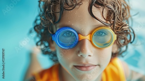 A young child with curly hair wearing blue and orange swimming goggles smiling and looking directly at the camera with water droplets on their face.
