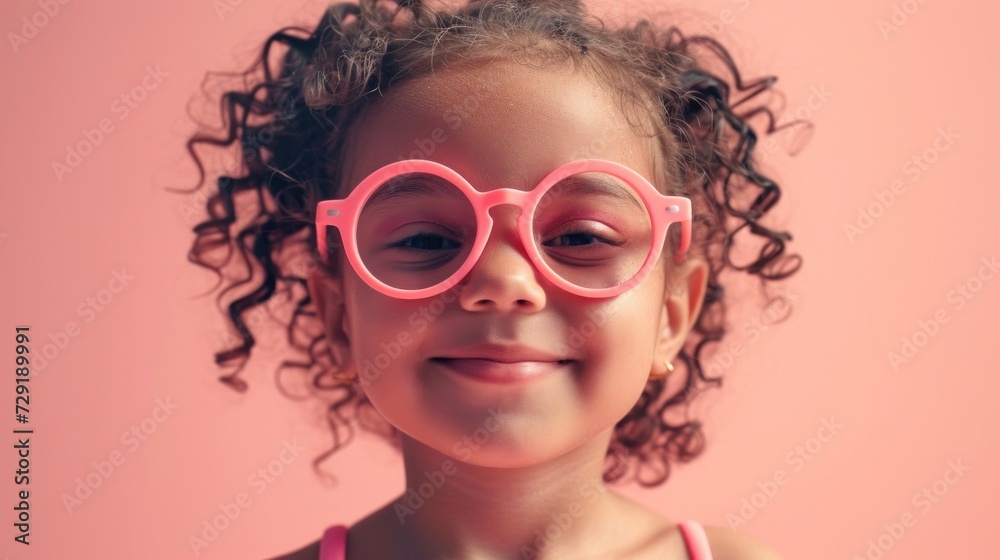 A young girl with curly hair wearing oversized pink glasses and smiling against a pink background.