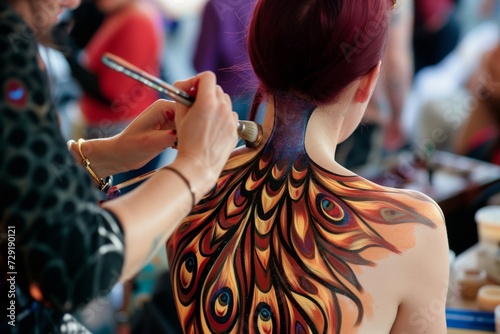bodypaint artist painting flame patterns on a models back in peacock tail design photo