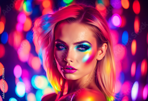 Fashion model woman in colorful bright lights