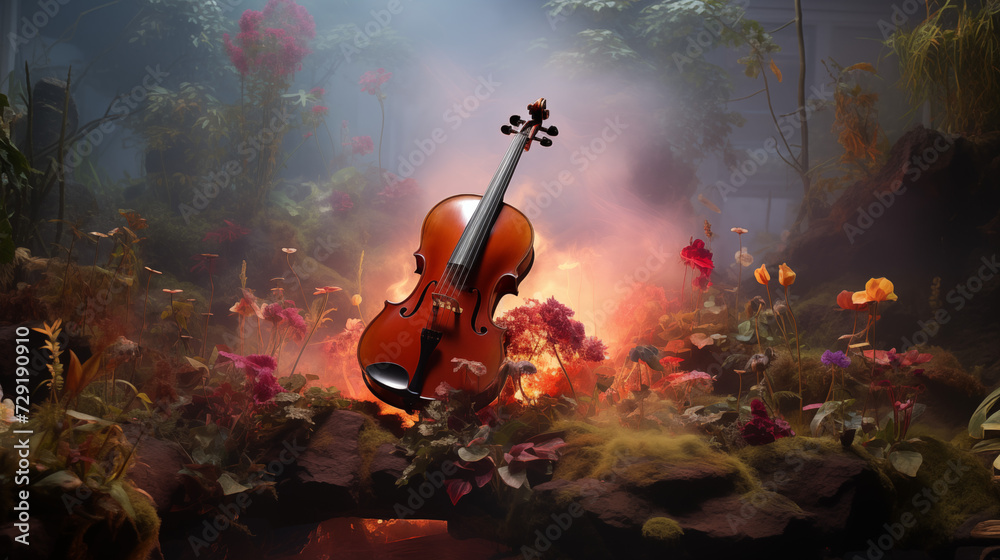 violin in floral garden setting with fog
