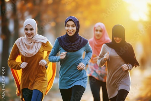 women in hijabs jogging together in the morning © stickerside